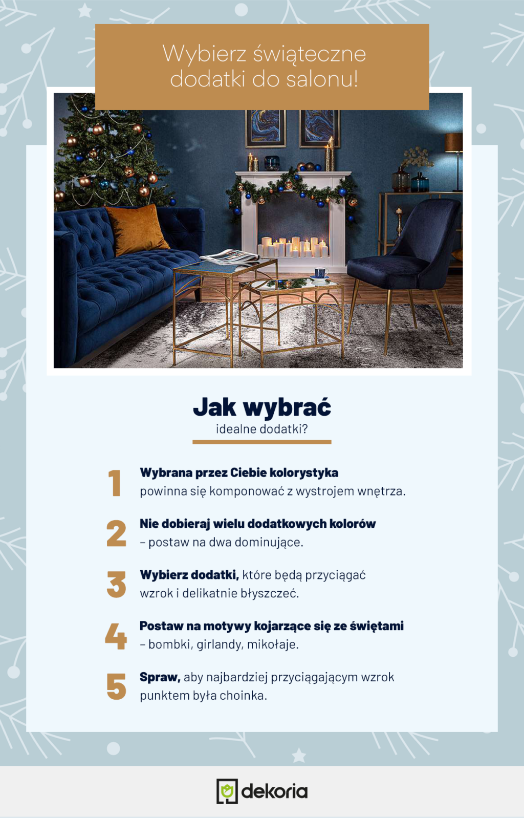 Grafika prezentująca porady na temat tego, jak stworzyć świąteczny klimat w salonie