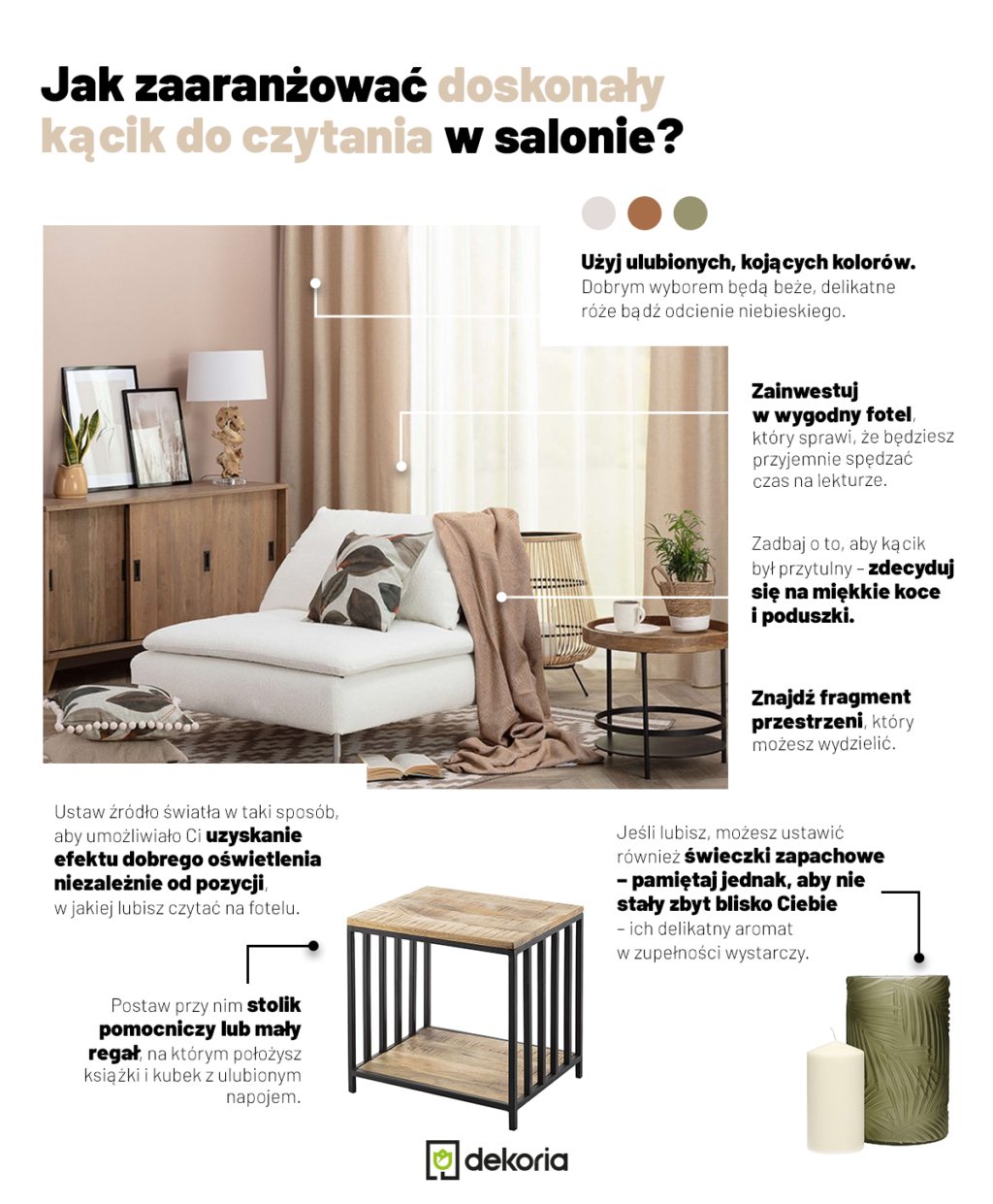 Grafika przedstawiająca sposób na urządzenie miejsca do czytania w salonie